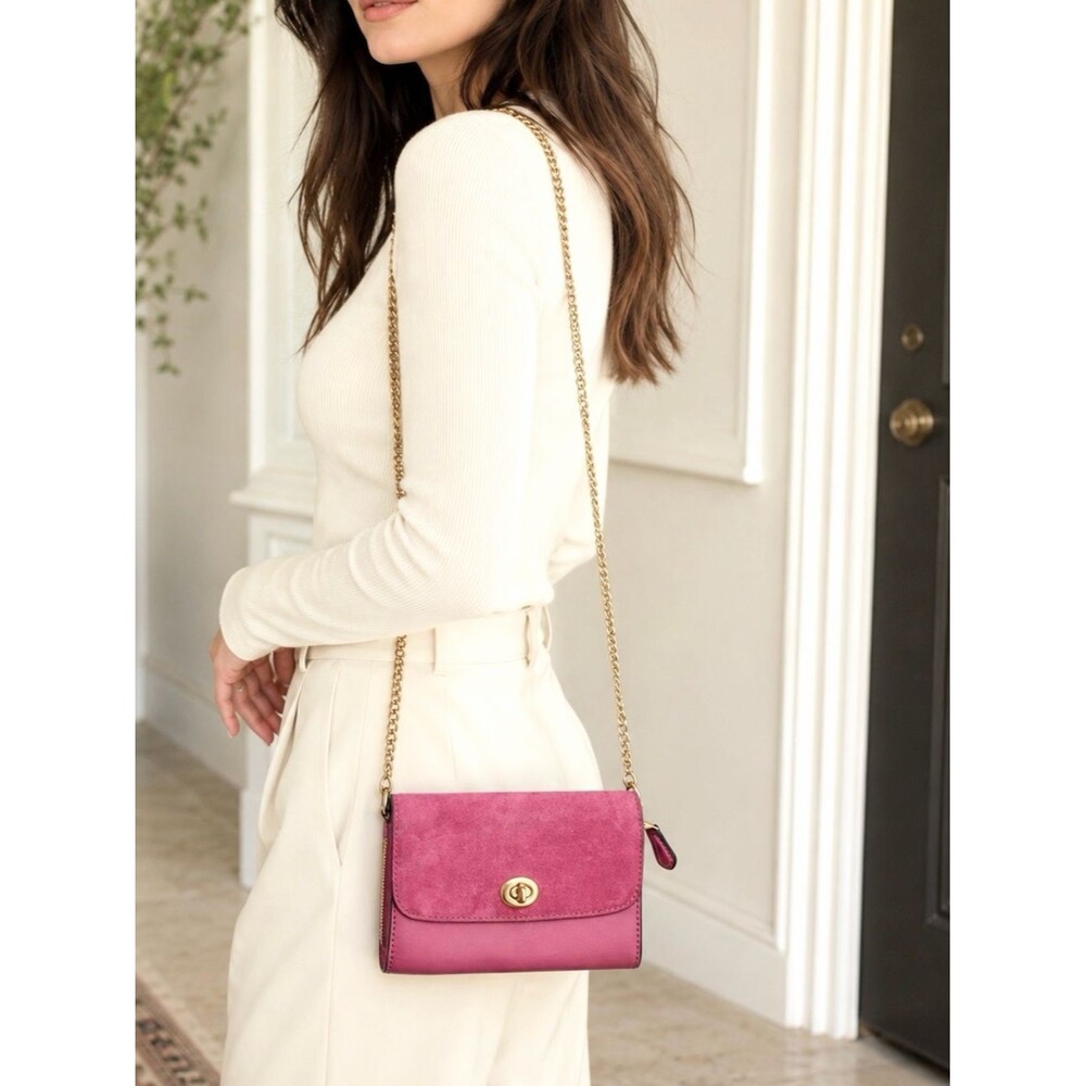 Coach Flap Phone Chain Crossbody Purse Bag Suede Leather Pink Gold RARE